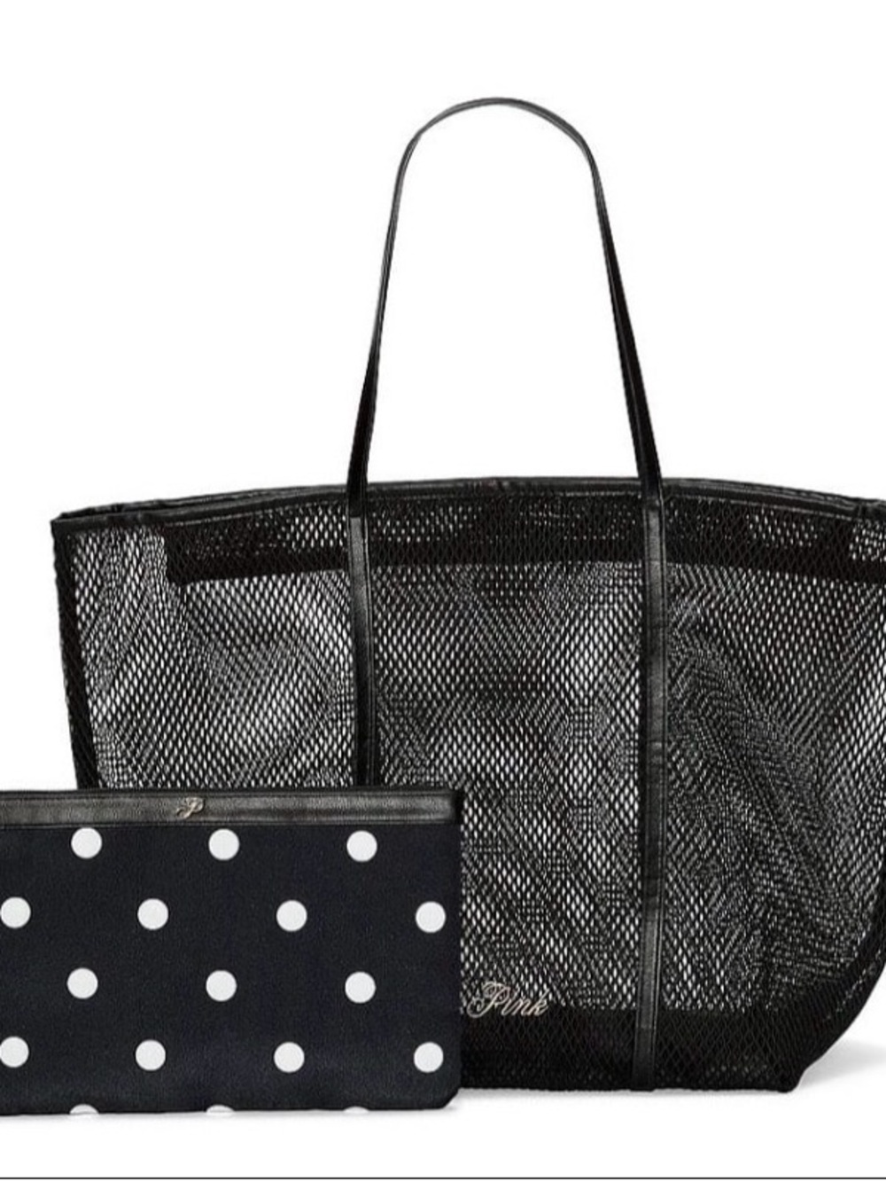 Victoria's Secret Mesh Black Tote Bag Set with Pouch Travel Pool Beach Large NWT